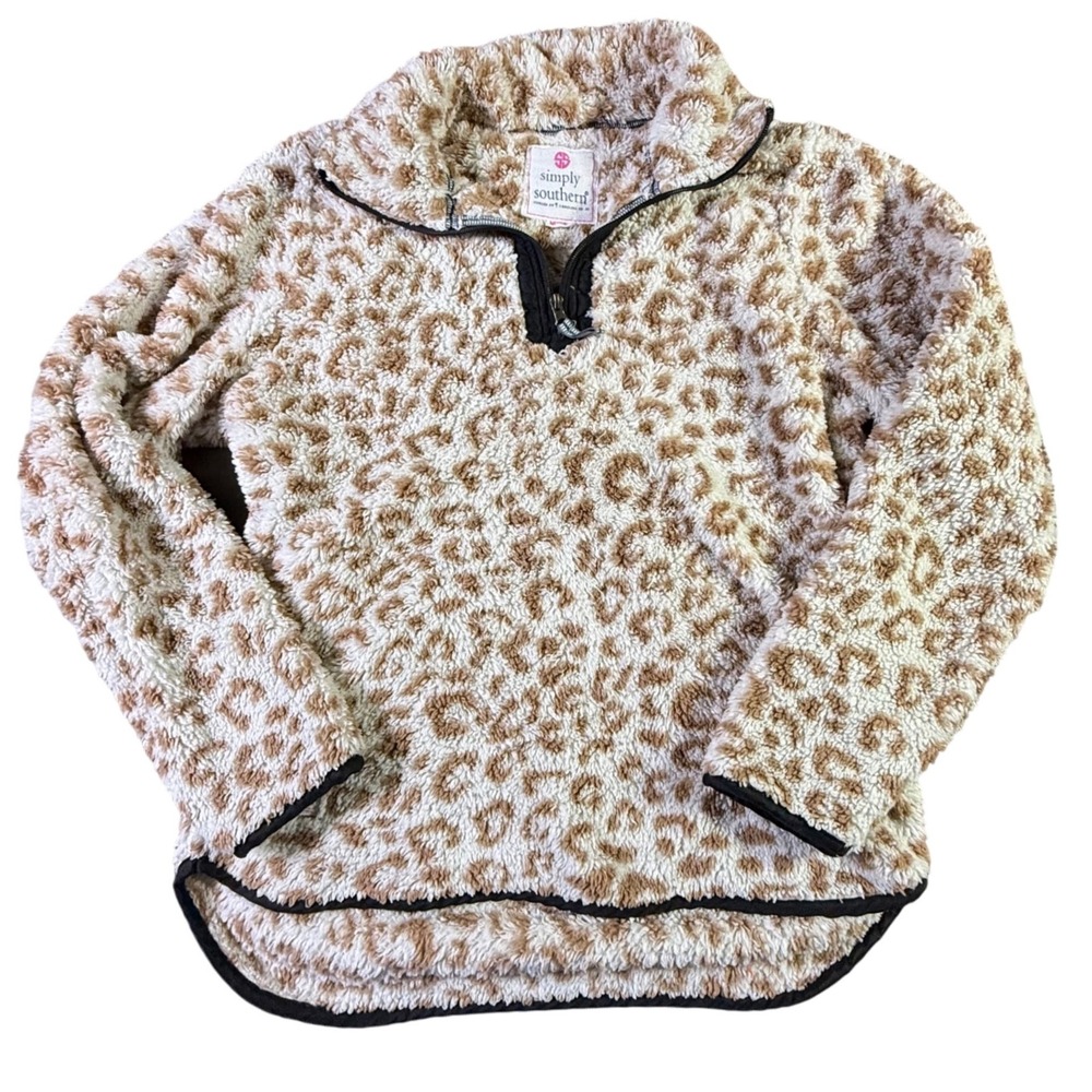Simply Southern Pullover Leopard Print Fuzzy Quarter Zip Medium
